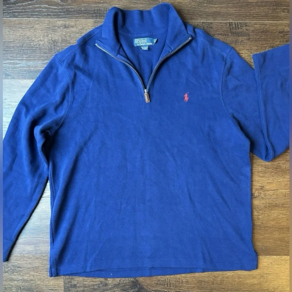 Polo Ralph Lauren Sweater Mens XL‎ Blue  1/4 Zip Mock Neck Red Pony Preppy TN